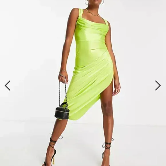 ASOS DESIGN Petite satin drape corset midi dress in lime Size NWT Sold out